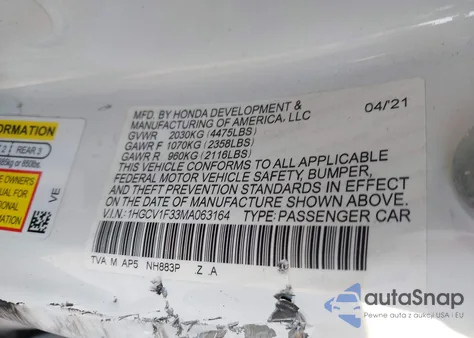 2021 Honda Accord Sport from USA, damaged, VIN 1HGCV1F33MA063164